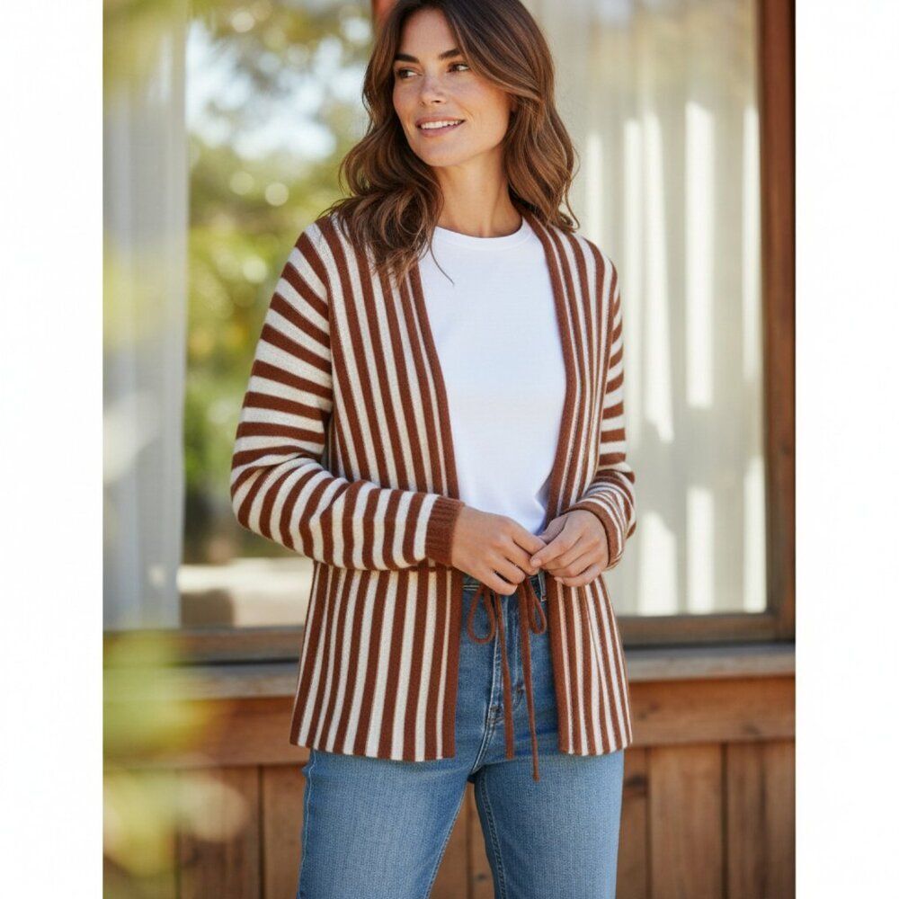 Kerisma Open Front Tie Cardigan Women Lightweight Sweater Orange Striped M/L